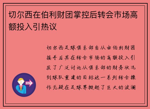 切尔西在伯利财团掌控后转会市场高额投入引热议